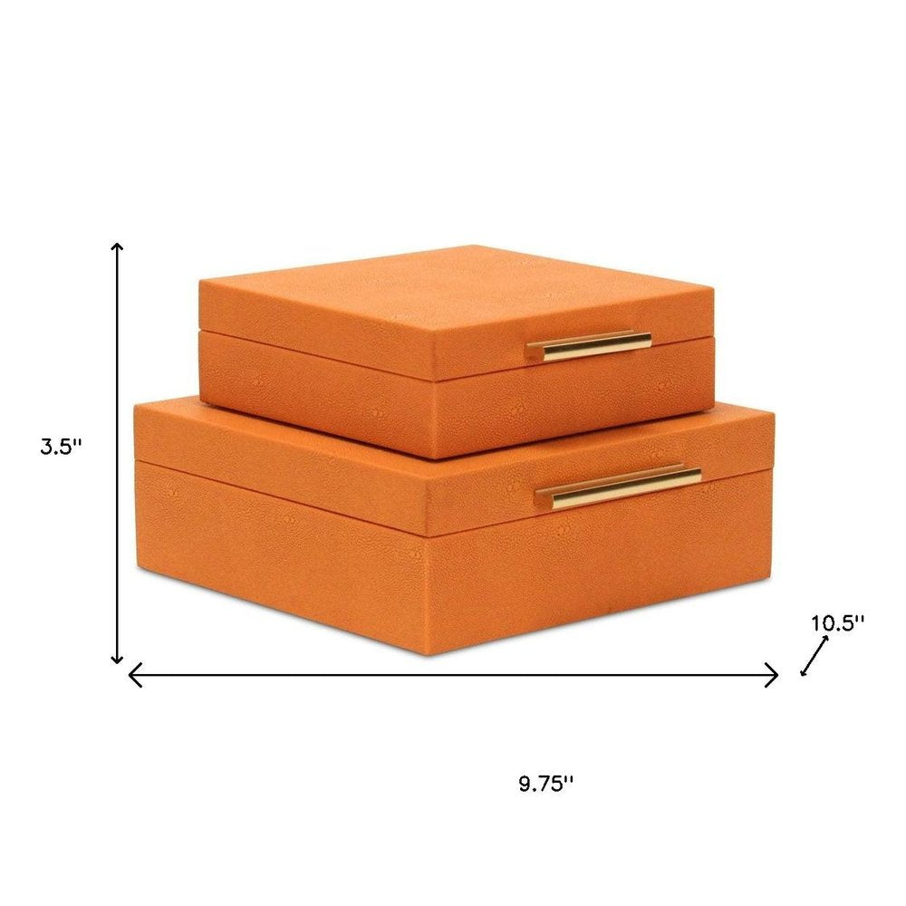Set Of Two Orange Faux Shagreen Jewelry Boxes With Decorative Hardware - with Two Beautifully on a white background