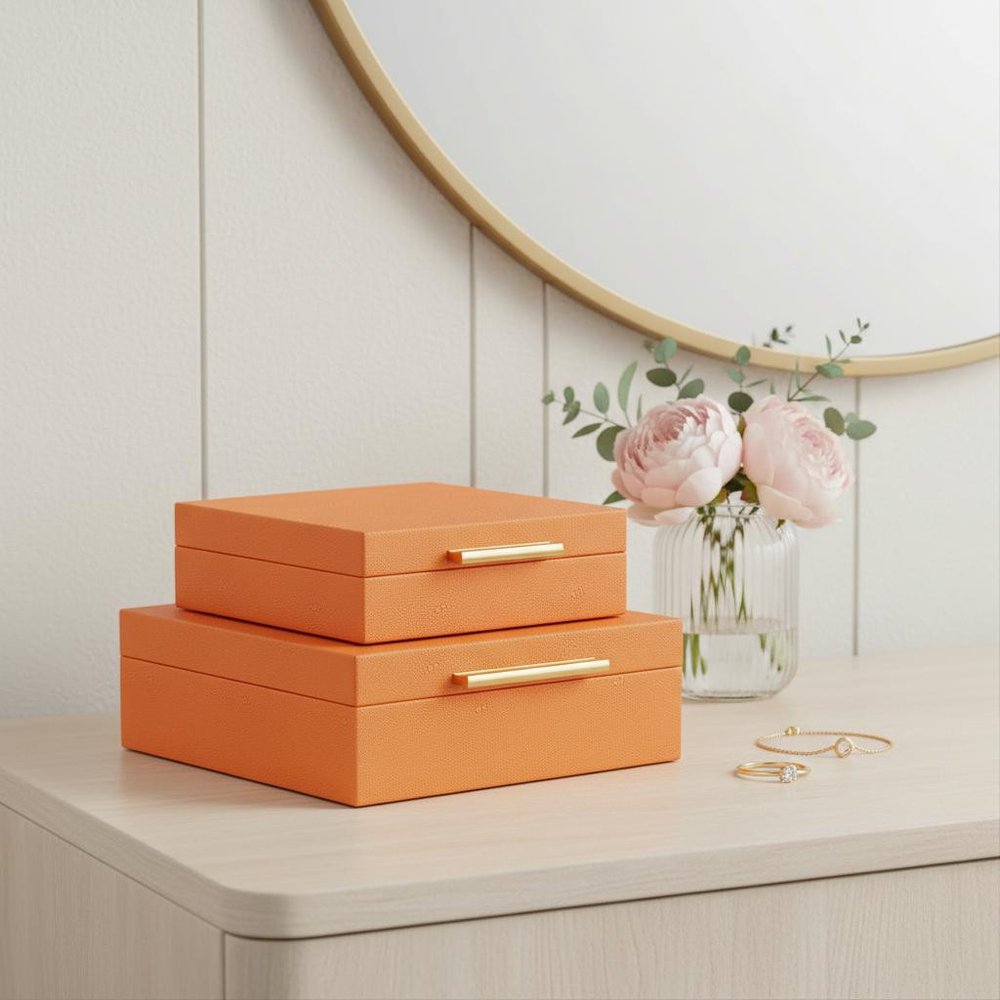 Set Of Two Orange Faux Shagreen Jewelry Boxes With Decorative Hardware - with Two Beautifully