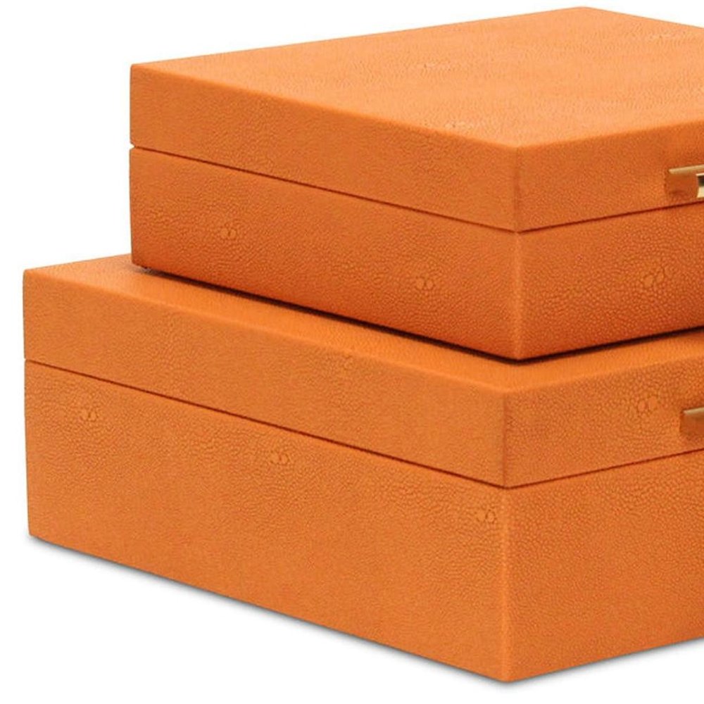 Set Of Two Orange Faux Shagreen Jewelry Boxes With Decorative Hardware - with Two Beautifully