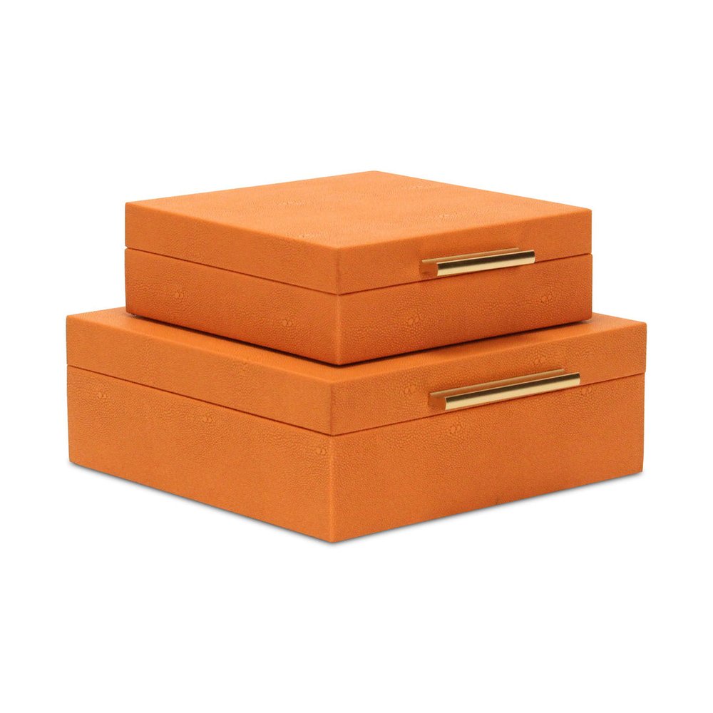 Set Of Two Orange Faux Shagreen Jewelry Boxes With Decorative Hardware - with Two Beautifully