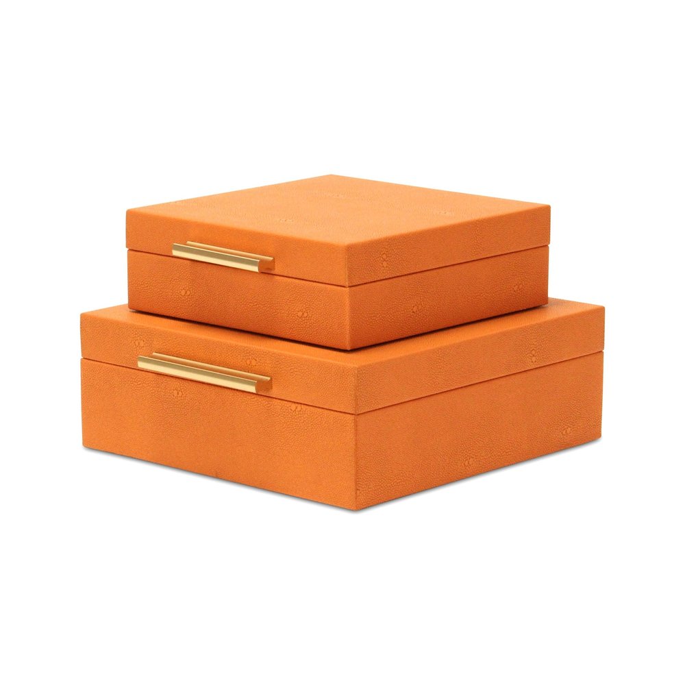 Set Of Two Orange Faux Shagreen Jewelry Boxes With Decorative Hardware - with Two Beautifully