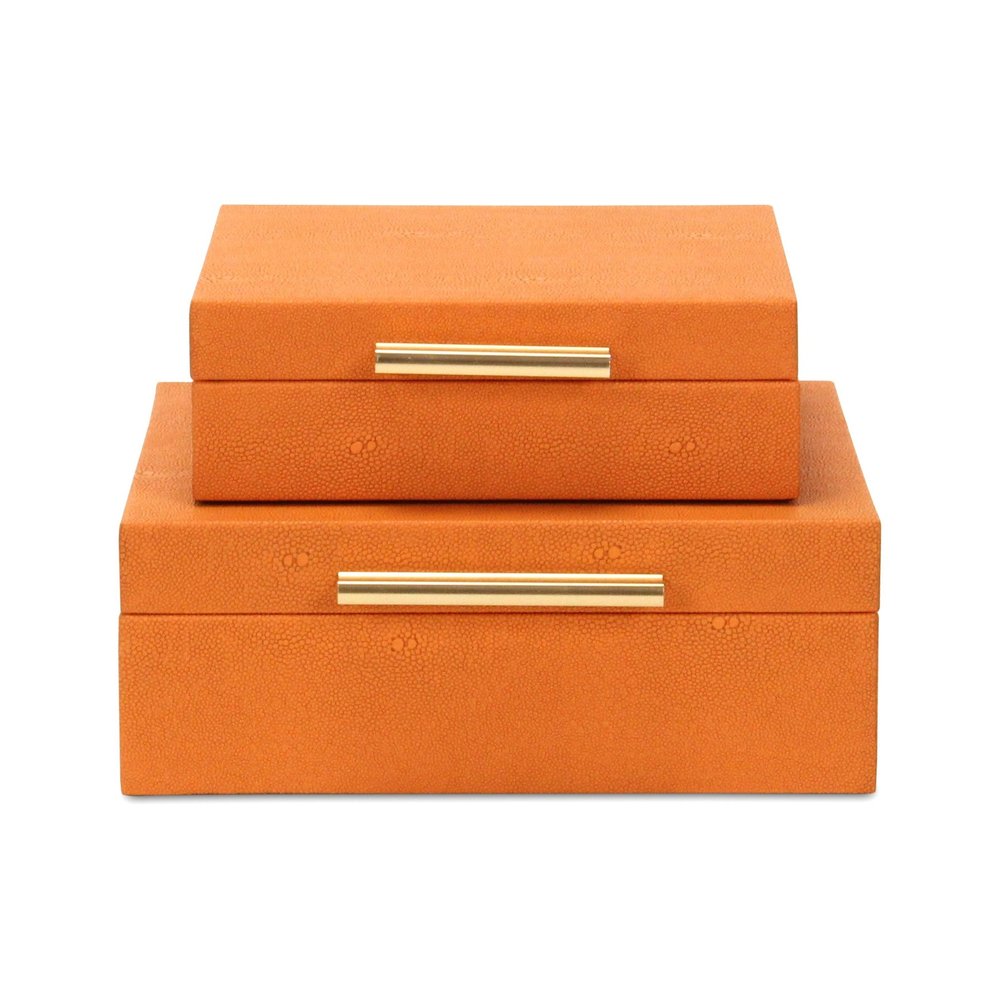Set Of Two Orange Faux Shagreen Jewelry Boxes With Decorative Hardware - with Two Beautifully