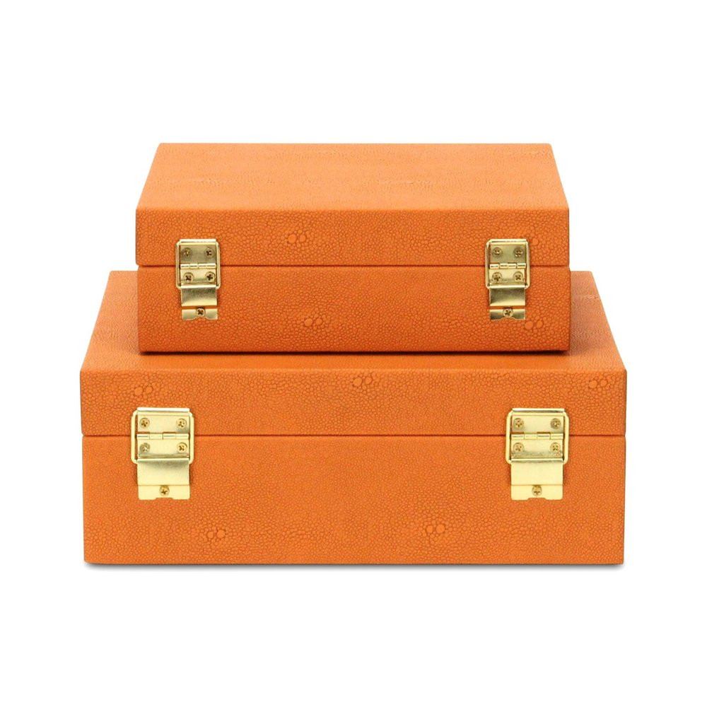 Set Of Two Orange Faux Shagreen Jewelry Boxes With Decorative Hardware - with Two Beautifully
