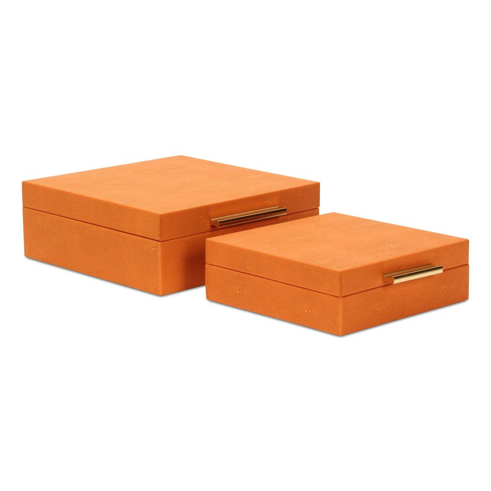 Set Of Two Orange Faux Shagreen Jewelry Boxes With Decorative Hardware - with Two Beautifully