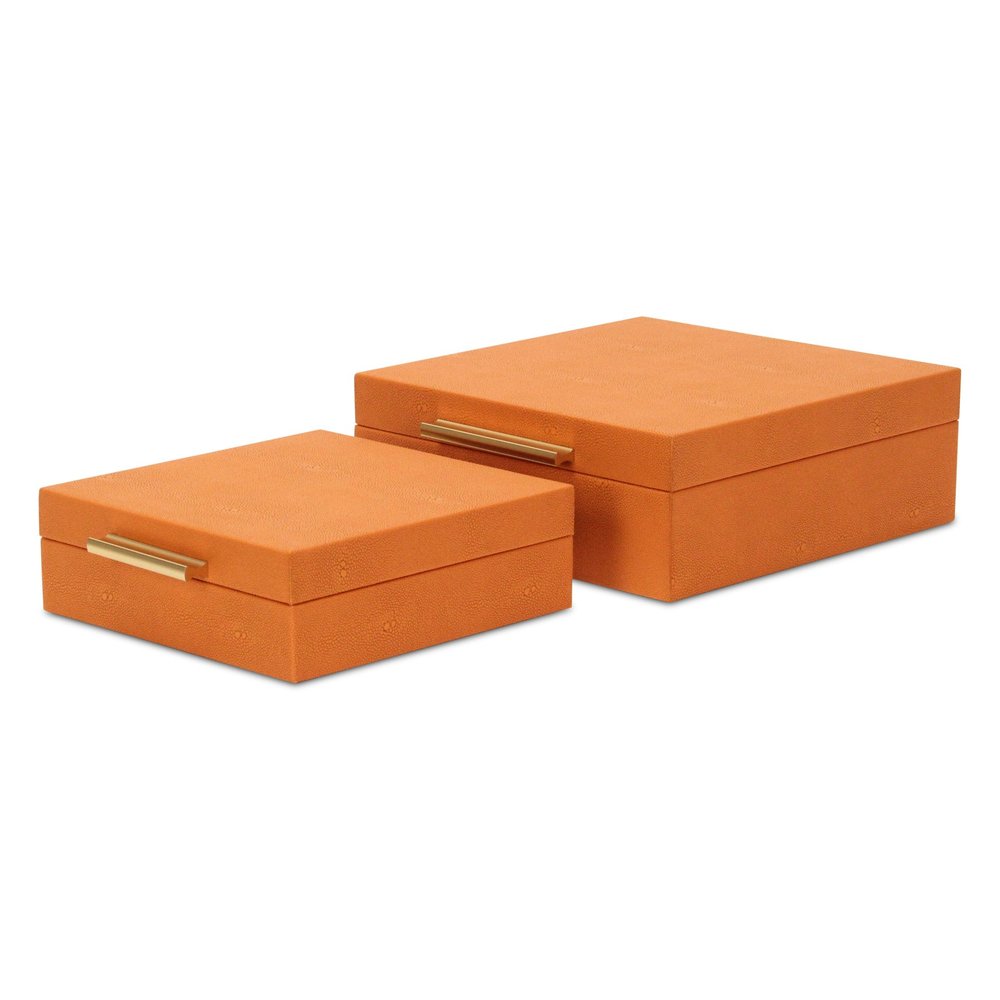 Set Of Two Orange Faux Shagreen Jewelry Boxes With Decorative Hardware - with Two Beautifully on a white background