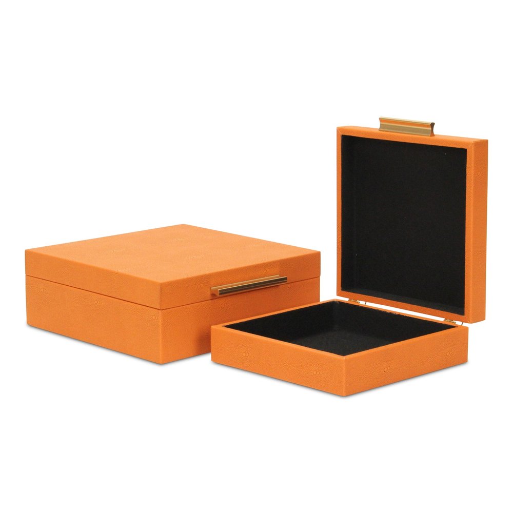 Set Of Two Orange Faux Shagreen Jewelry Boxes With Decorative Hardware - with Two Beautifully on a white background