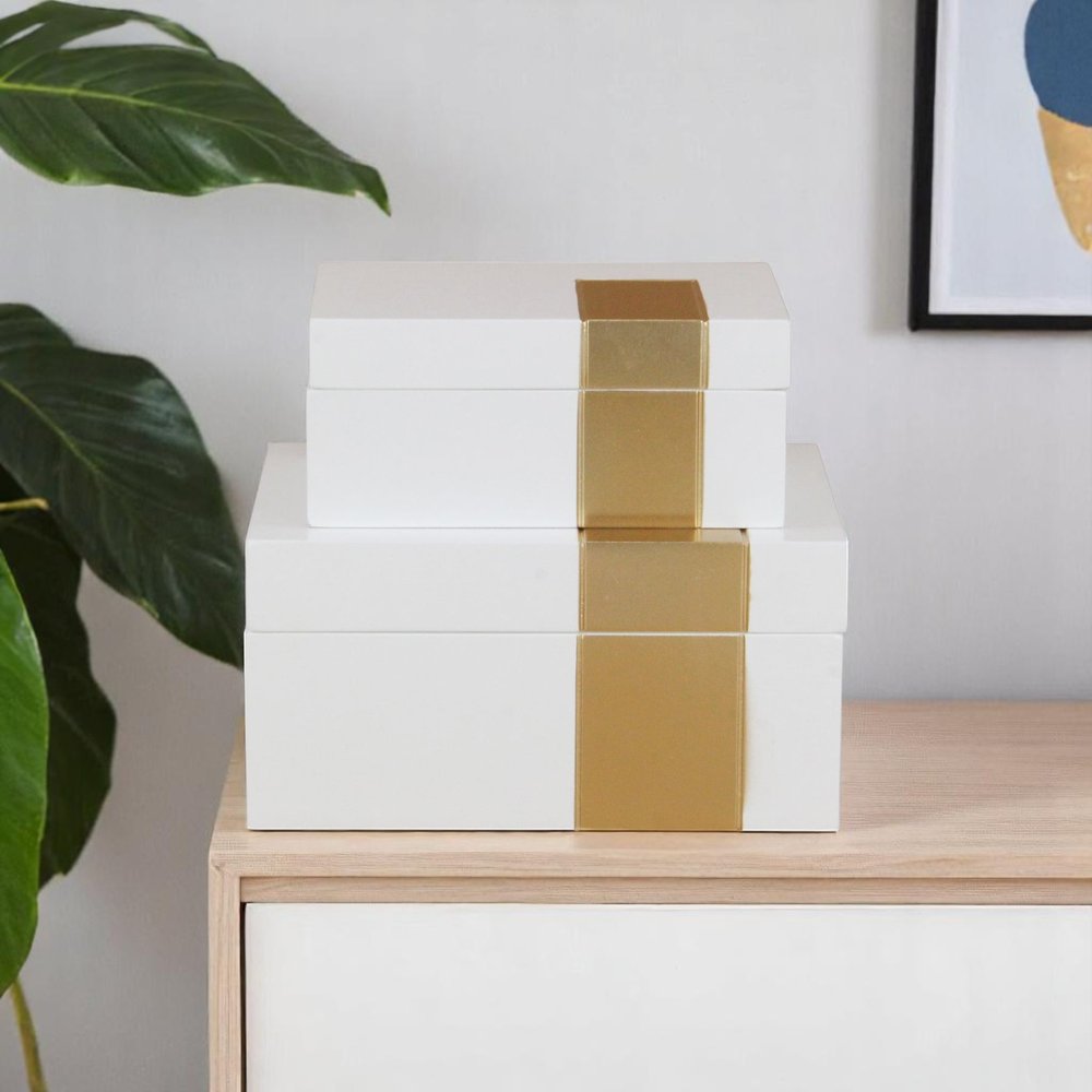 Set Of Two White And Gold Wood Jewelry Boxes in a home interior