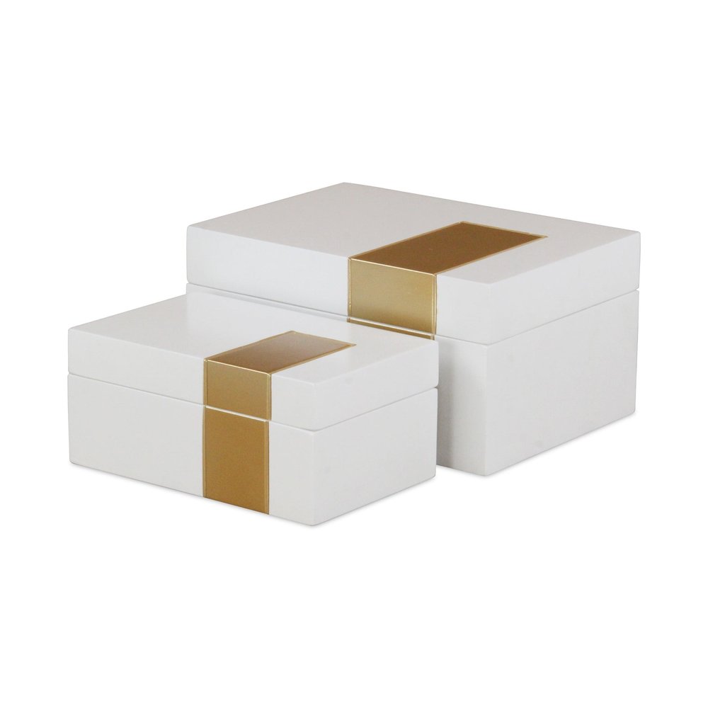 Set Of Two White And Gold Wood Jewelry Boxes on a white background