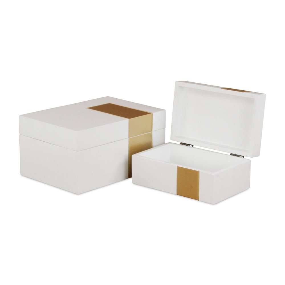 Set Of Two White And Gold Wood Jewelry Boxes on a white background
