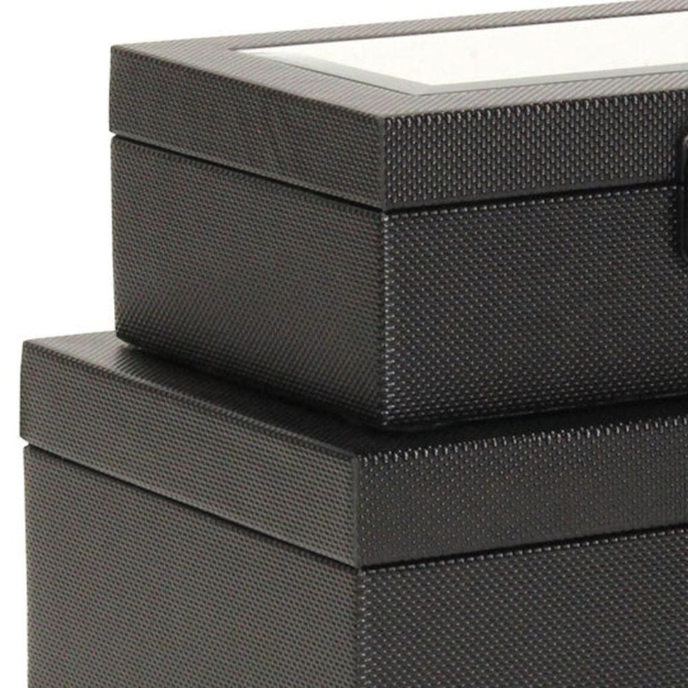 Set Of Two Black Faux Leather And Mirrored Glass Jewelry Boxes close-up detail