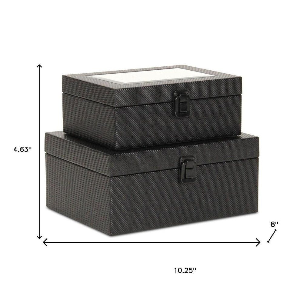 Set Of Two Black Faux Leather And Mirrored Glass Jewelry Boxes on a white background