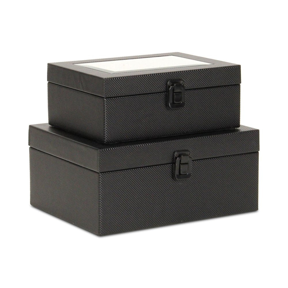 Set Of Two Black Faux Leather And Mirrored Glass Jewelry Boxes on a white background