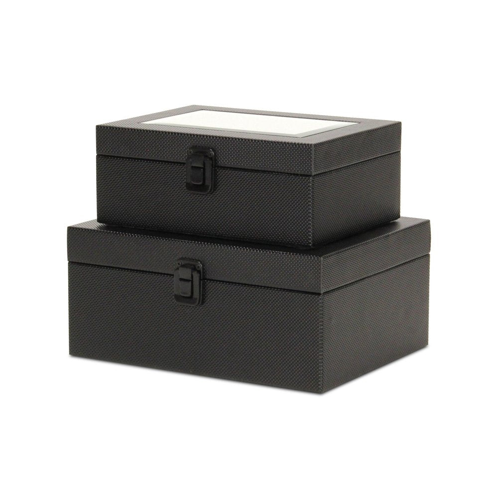 Set Of Two Black Faux Leather And Mirrored Glass Jewelry Boxes on a white background