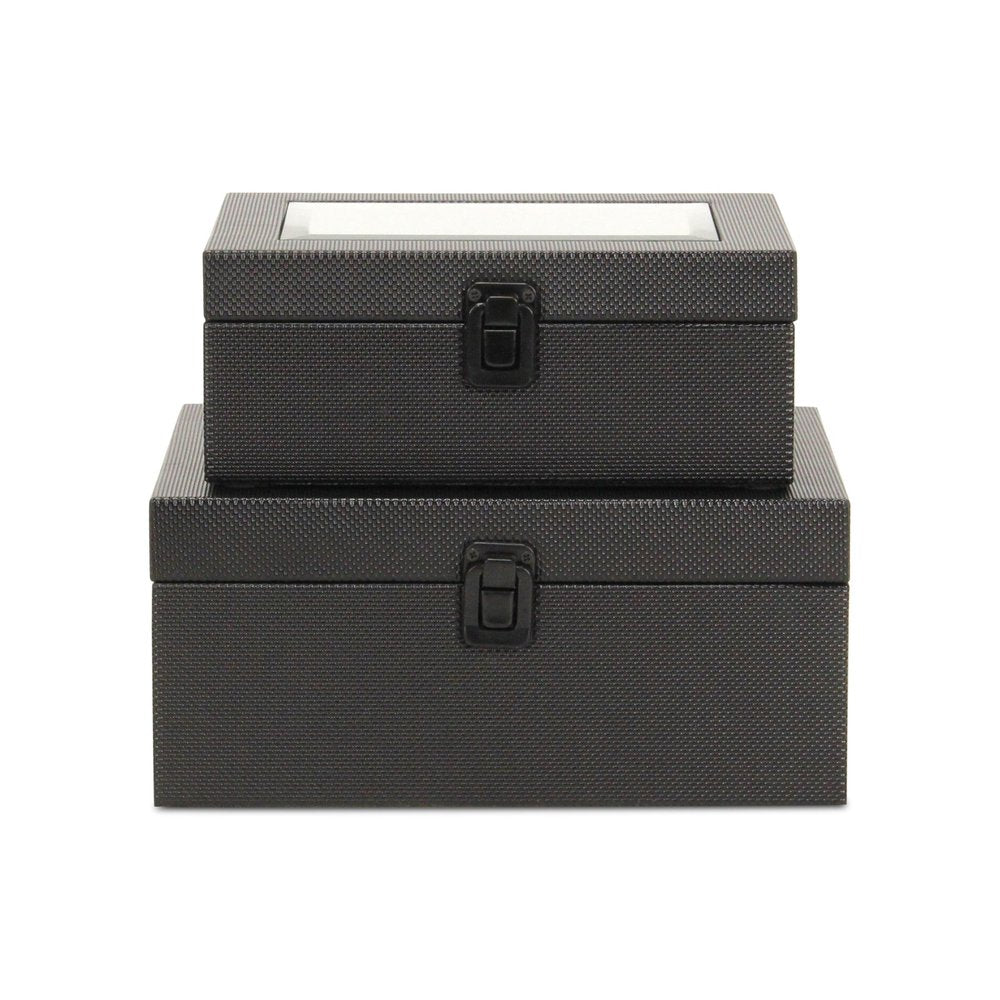 Set Of Two Black Faux Leather And Mirrored Glass Jewelry Boxes on a white background