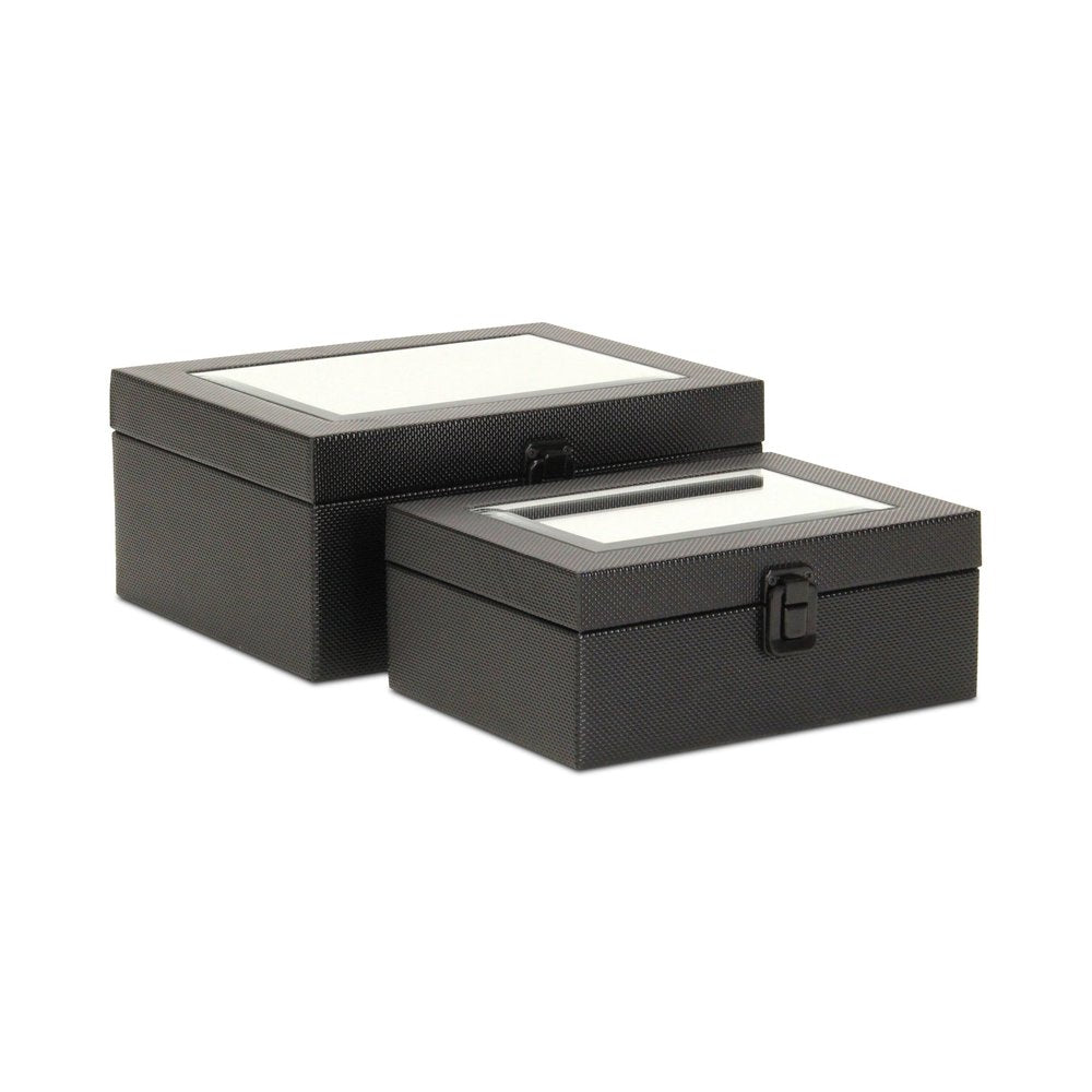 Set Of Two Black Faux Leather And Mirrored Glass Jewelry Boxes on a white background