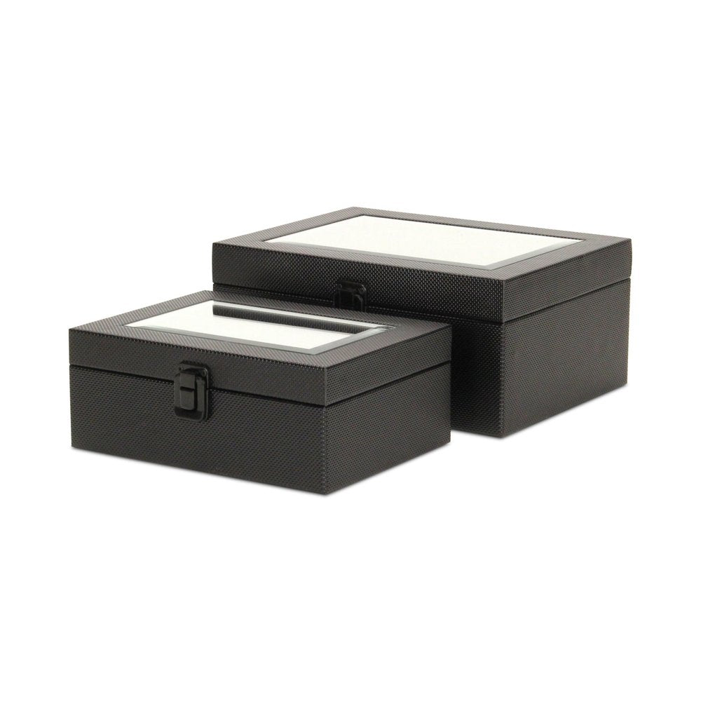 Set Of Two Black Faux Leather And Mirrored Glass Jewelry Boxes on a white background
