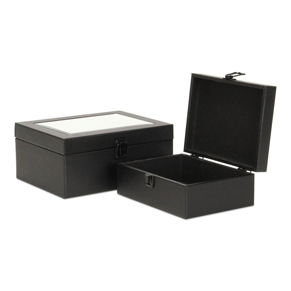 Set Of Two Black Faux Leather And Mirrored Glass Jewelry Boxes on a white background