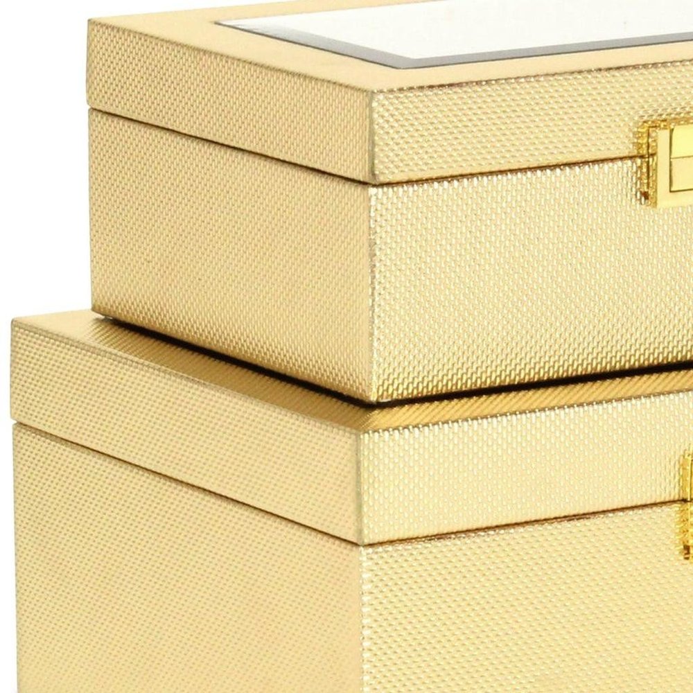 Set Of Two Gold Faux Leather And Mirrored Glass Jewelry Boxes close-up detail