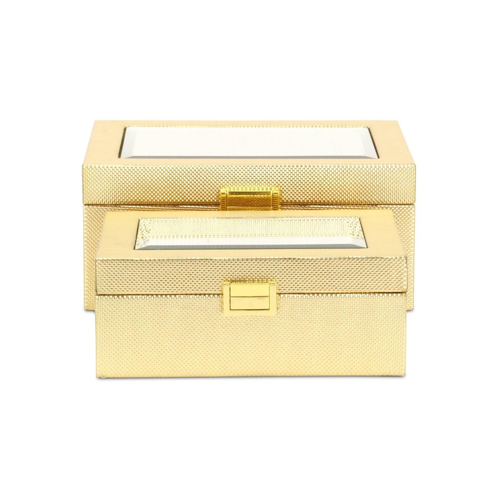 Set Of Two Gold Faux Leather And Mirrored Glass Jewelry Boxes on a white background