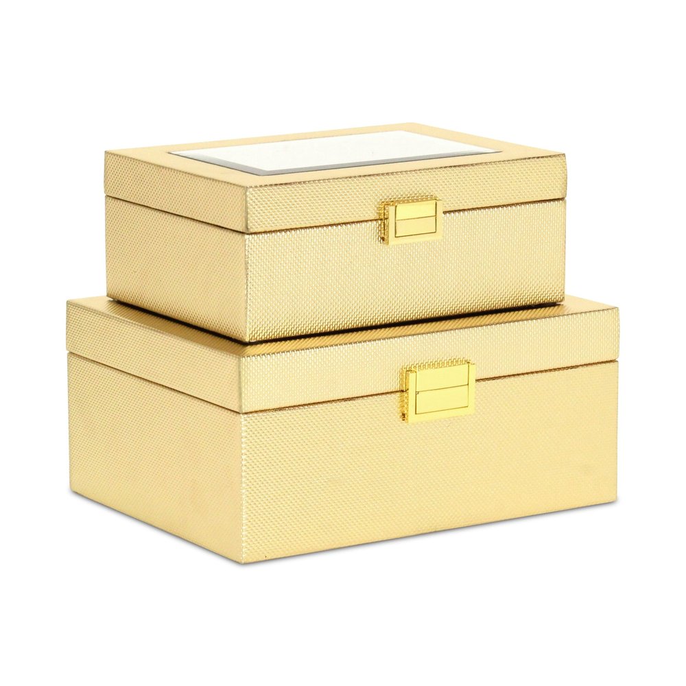 Set Of Two Gold Faux Leather And Mirrored Glass Jewelry Boxes on a white background