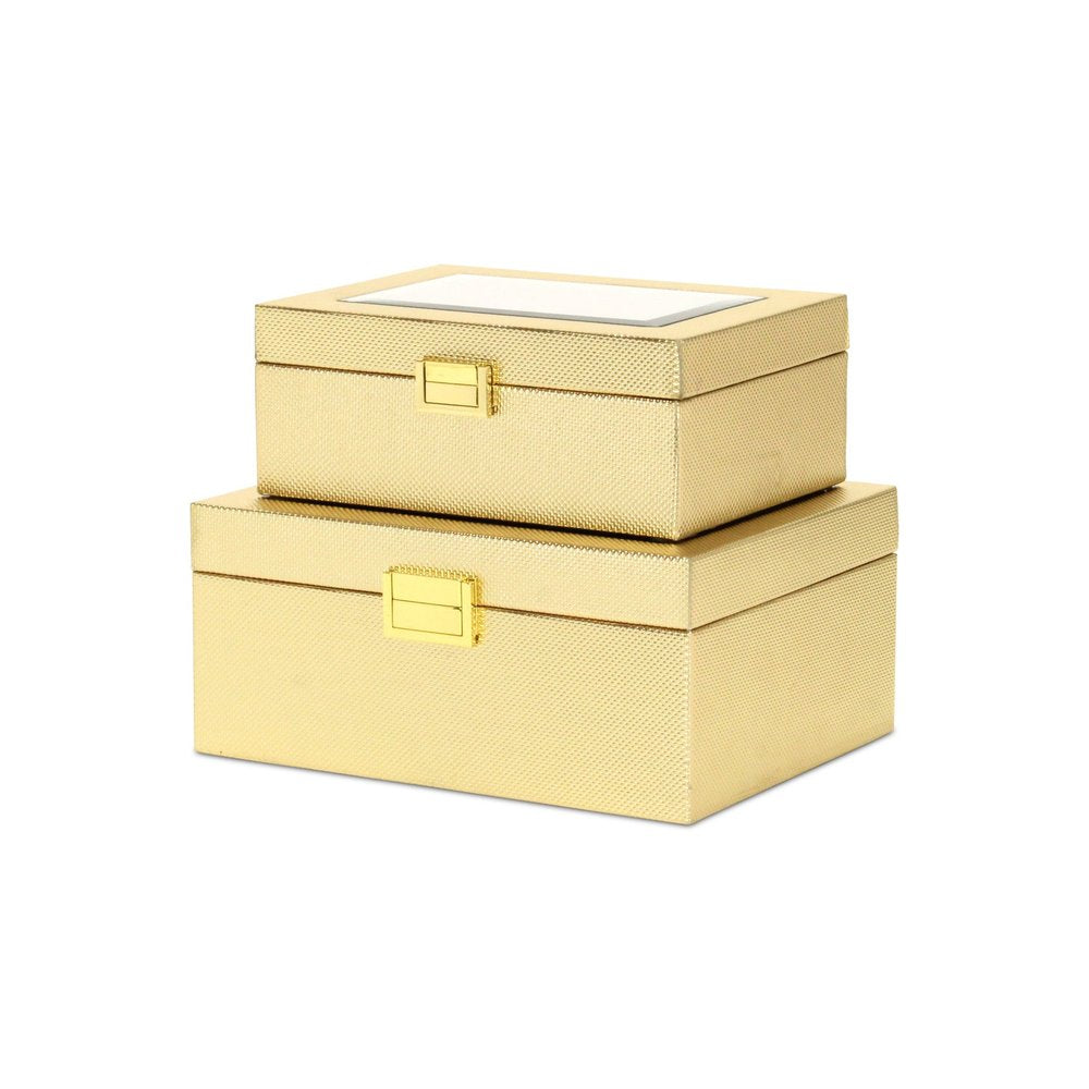 Set Of Two Gold Faux Leather And Mirrored Glass Jewelry Boxes on a white background