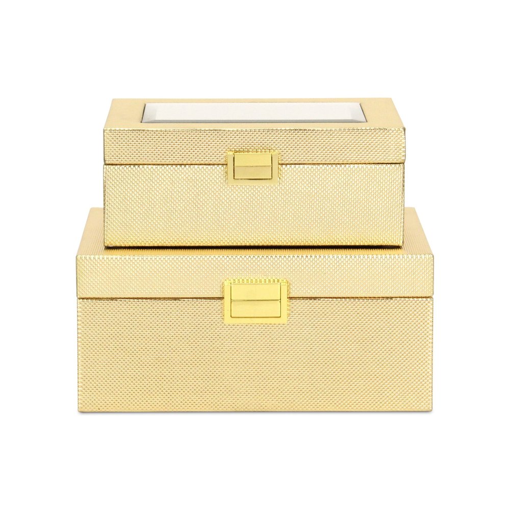 Set Of Two Gold Faux Leather And Mirrored Glass Jewelry Boxes on a white background