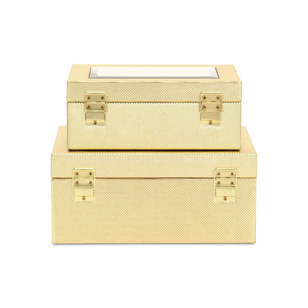 Set Of Two Gold Faux Leather And Mirrored Glass Jewelry Boxes on a white background
