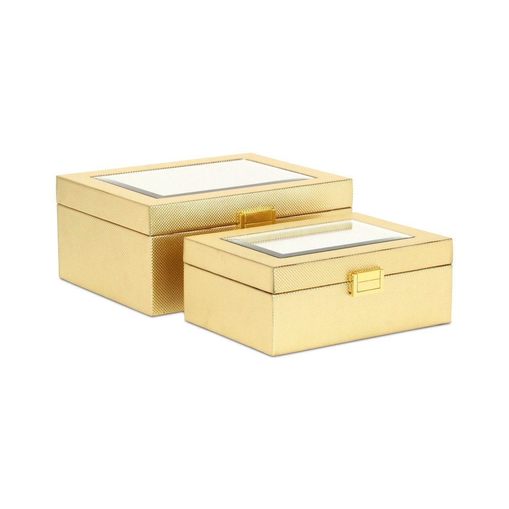 Set Of Two Gold Faux Leather And Mirrored Glass Jewelry Boxes on a white background