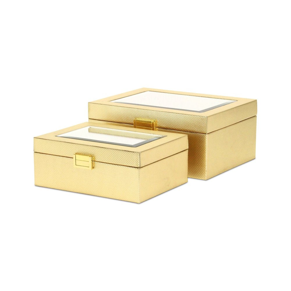 Set Of Two Gold Faux Leather And Mirrored Glass Jewelry Boxes on a white background