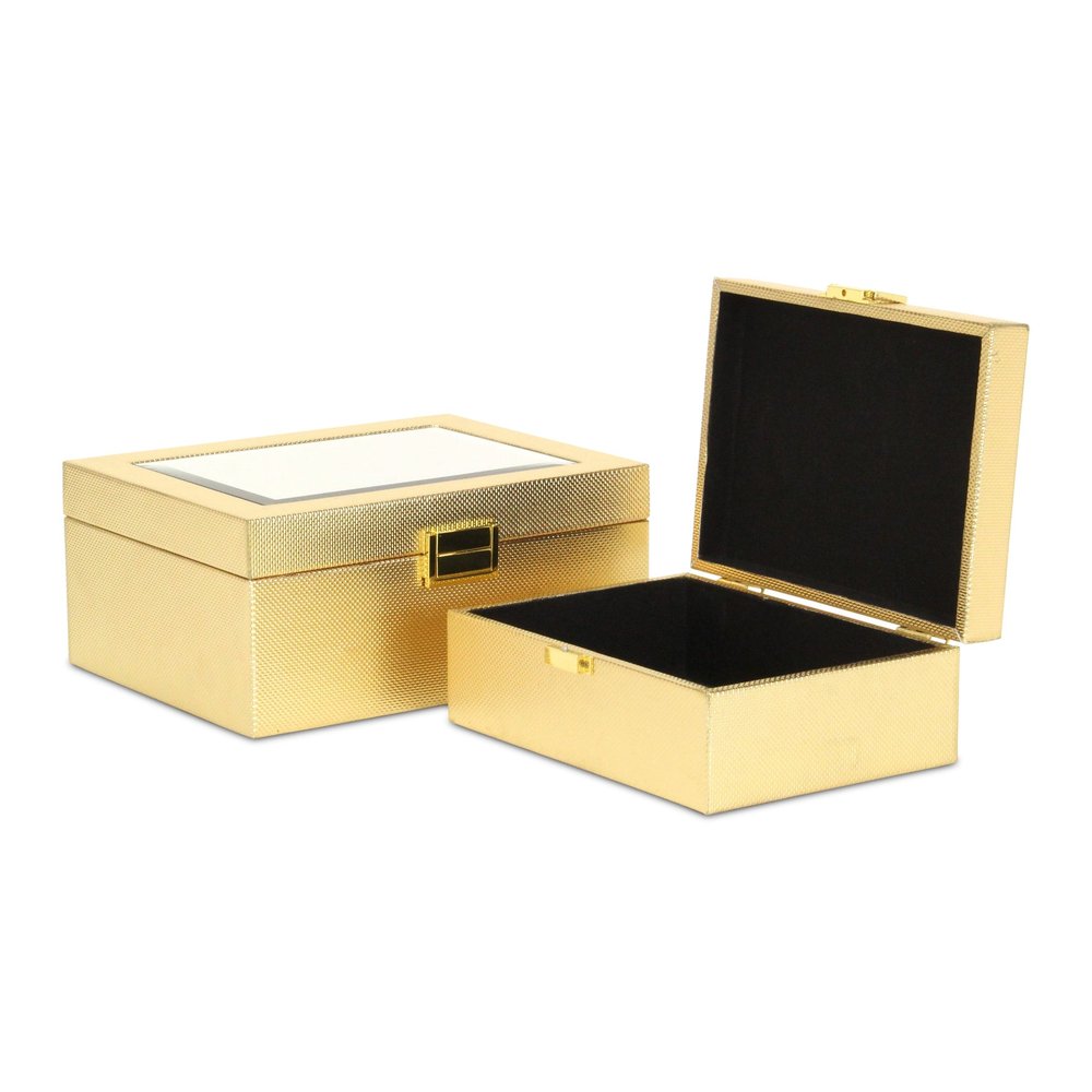 Set Of Two Gold Faux Leather And Mirrored Glass Jewelry Boxes on a white background