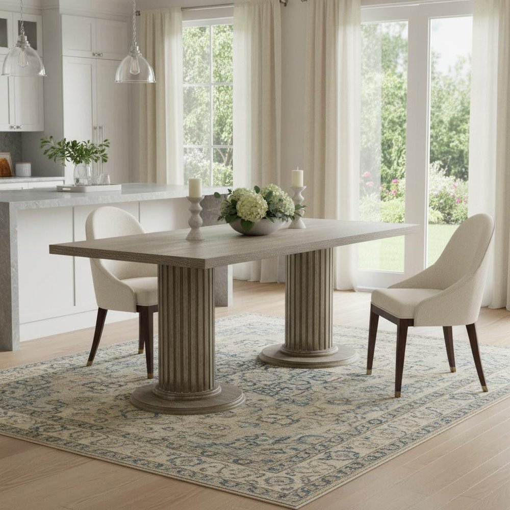 84" Gray Wood Double Pedestal Base Dining Table in a home interior