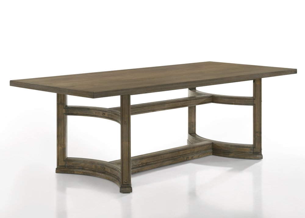 Rectangular oak wood dining table with a trestle base, shown against a white background.