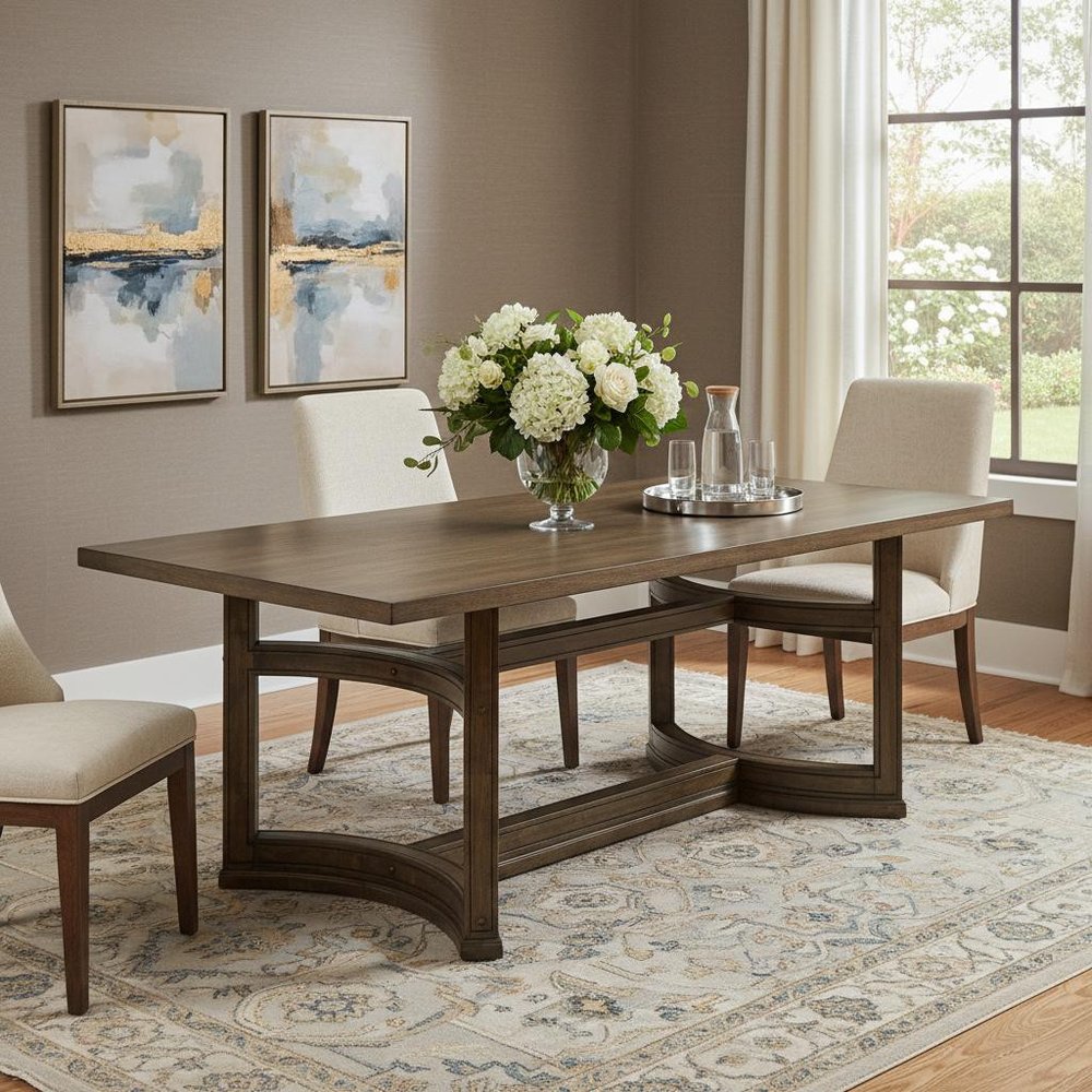 88" Oak Wood Trestle Base Dining Table in a home interior