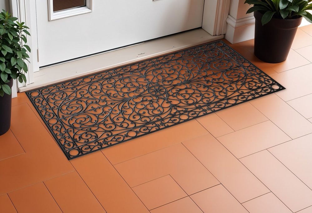 36" X 72" Black Scrollwork Outdoor Rubber Door Mat. Doormat in black.