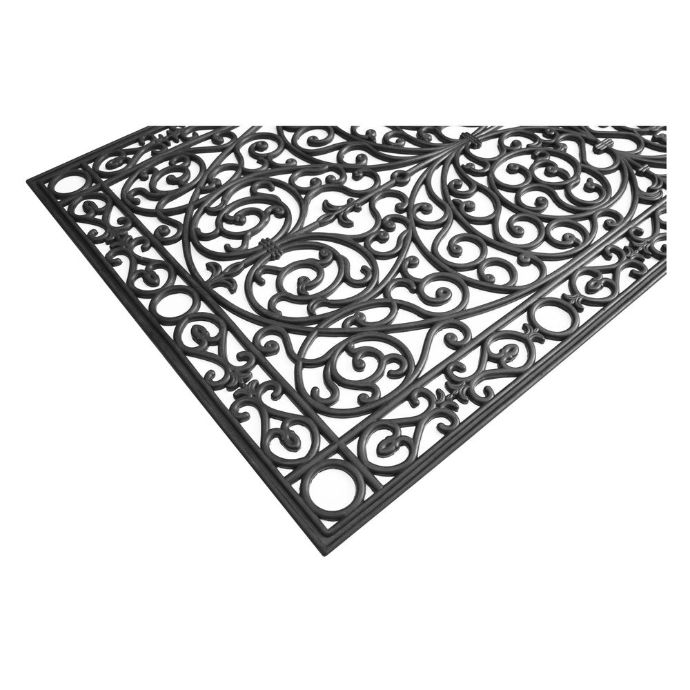 36" X 72" Black Scrollwork Outdoor Rubber Door Mat. Doormat isolated on a plain white background, in a black finish.