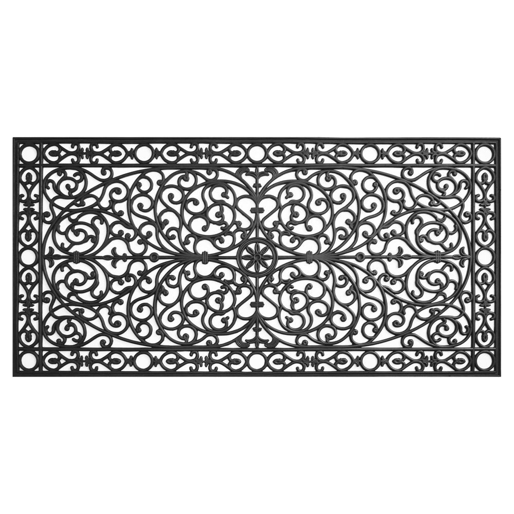 36" X 72" Black Scrollwork Outdoor Rubber Door Mat. Doormat isolated on a plain white background, finished in black.