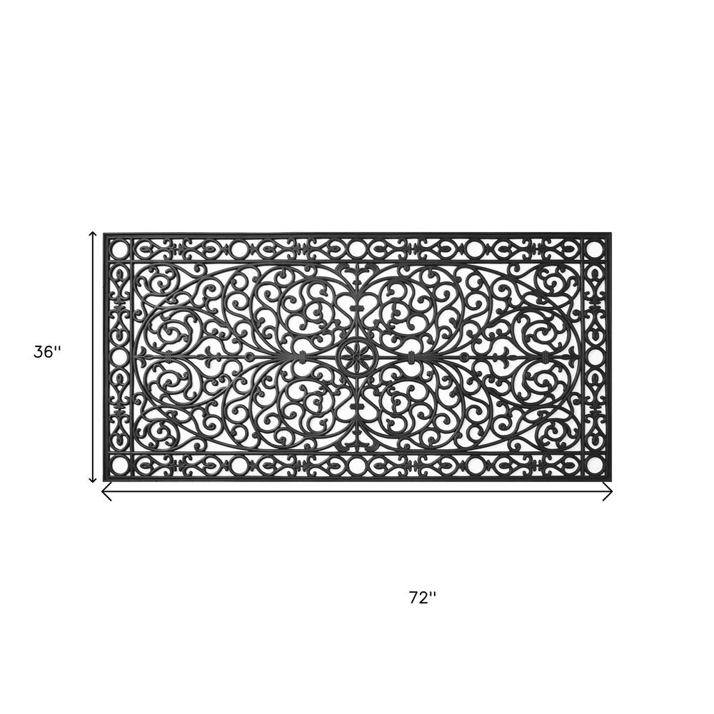 36" X 72" Black Scrollwork Outdoor Rubber Door Mat. Doormat isolated on a plain white background, in a black finish.