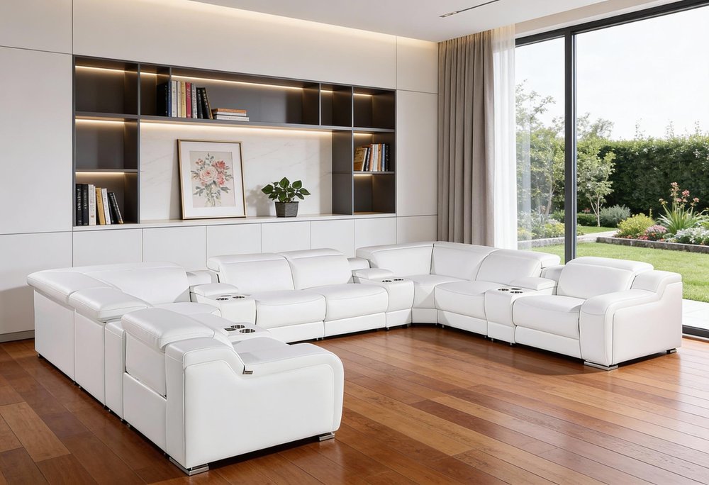 White Italian Leather Power Reclining U Shaped Twelve Piece Corner Sectional With Console in a home interior