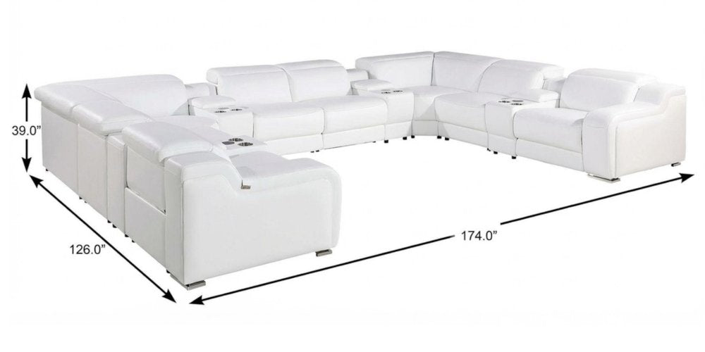 White Italian Leather Power Reclining U Shaped Twelve Piece Corner Sectional With Console on a white background