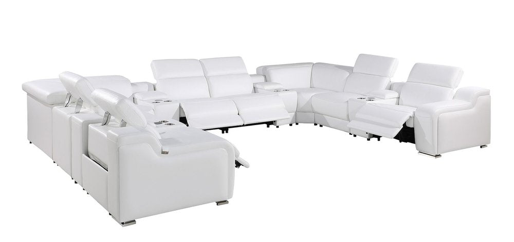 White Italian Leather Power Reclining U Shaped Twelve Piece Corner Sectional With Console on a white background
