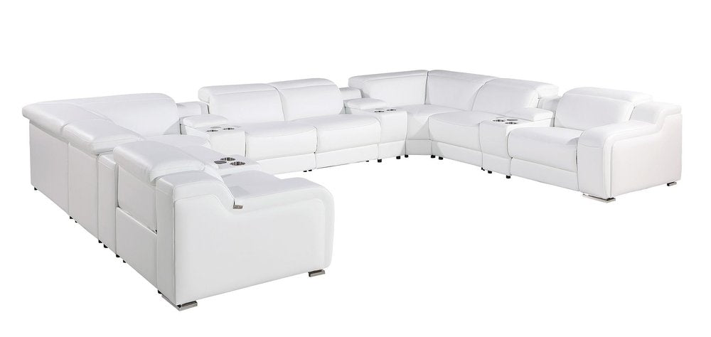 White Italian Leather Power Reclining U Shaped Twelve Piece Corner Sectional With Console on a white background