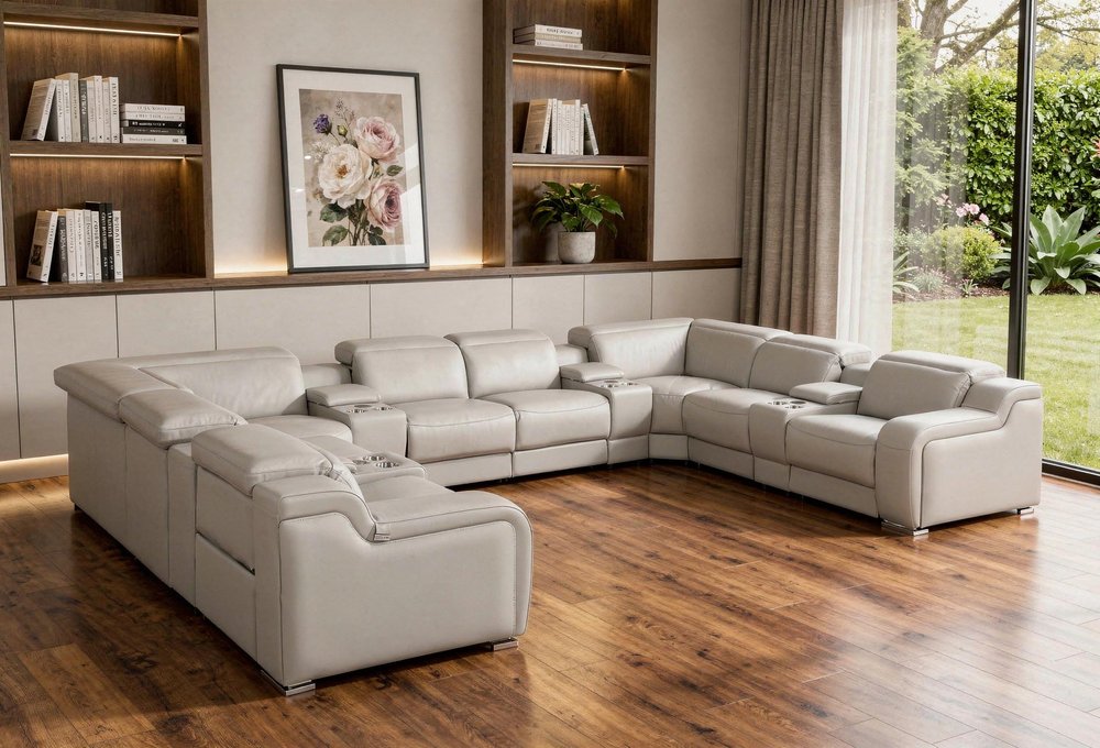 Light Gray Italian Leather Power Reclining U Shaped Twelve Piece Corner Sectional With Console