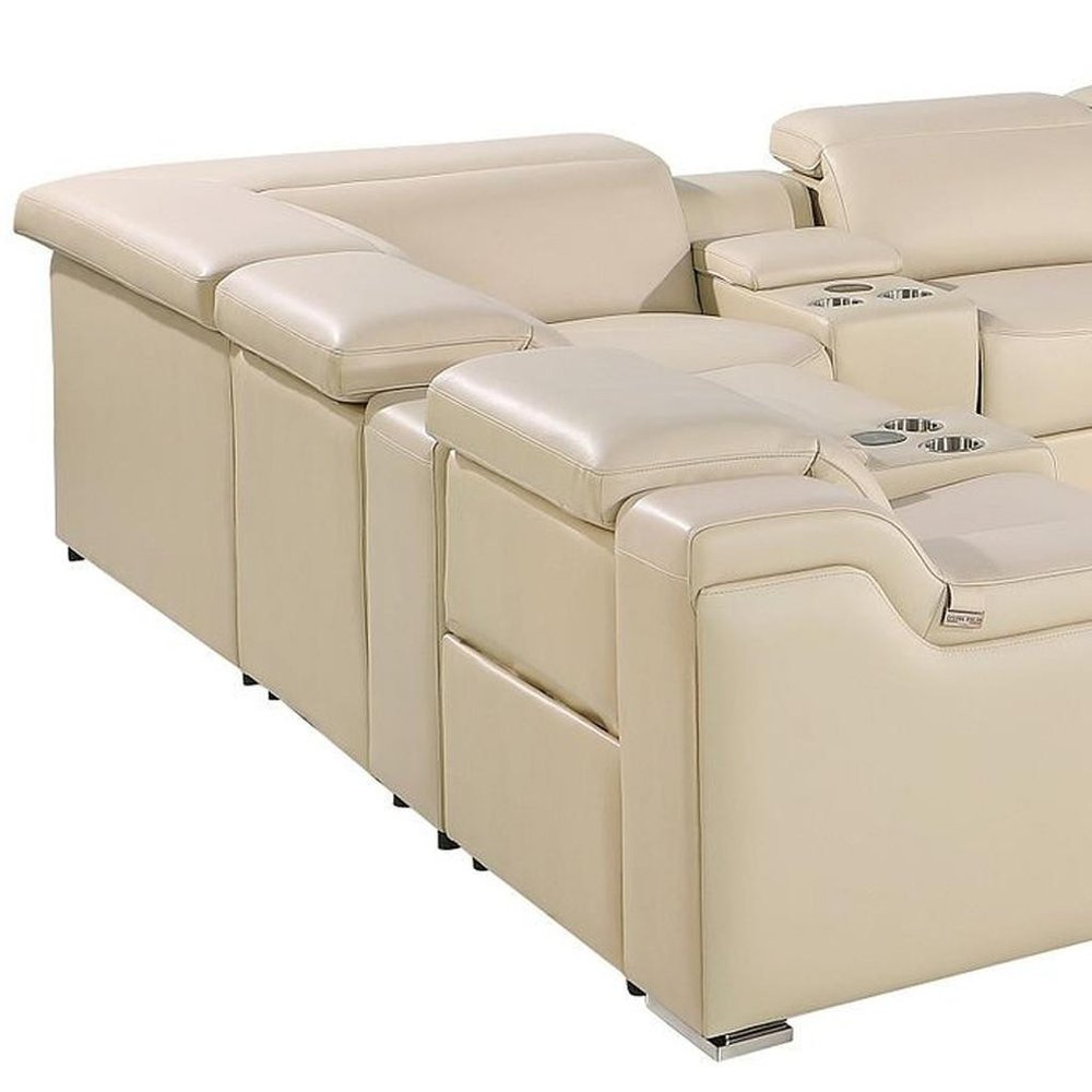 Beige Italian Leather Power Reclining U Shaped Twelve Piece Corner Sectional With Console