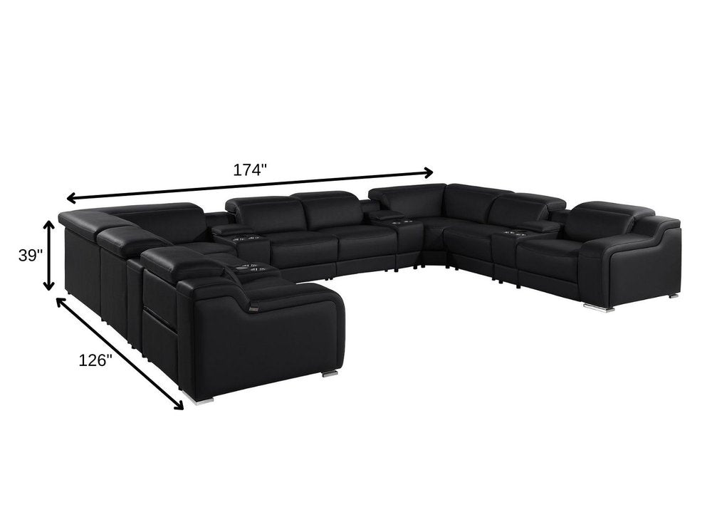 Black Italian Leather Power Reclining U Shaped Twelve Piece Corner Sectional With Console