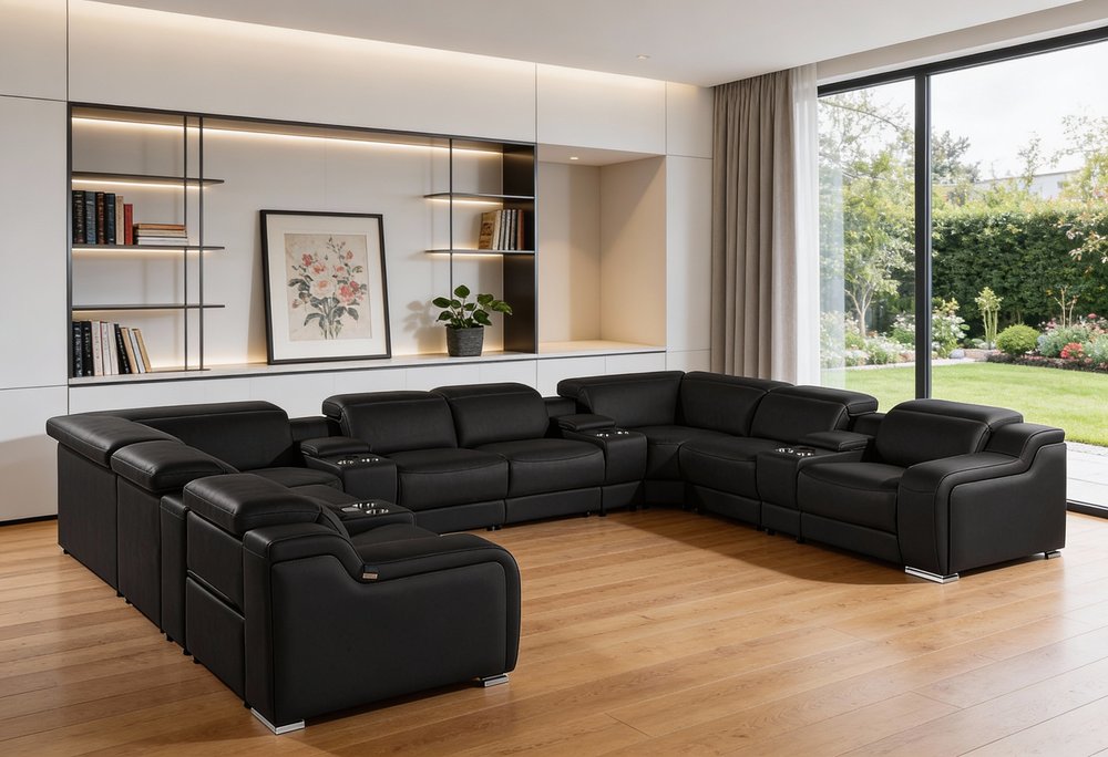 Black Italian Leather Power Reclining U Shaped Twelve Piece Corner Sectional With Console