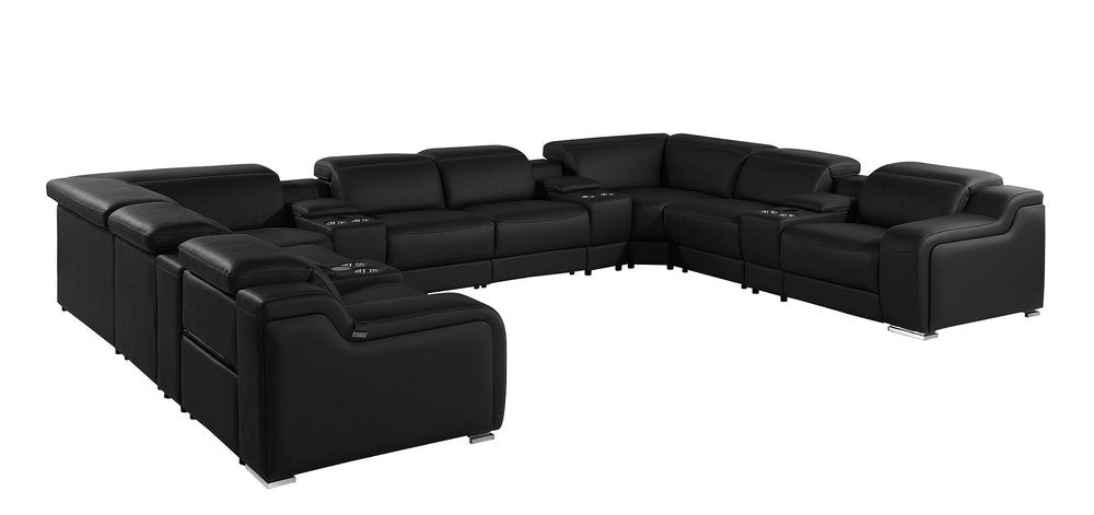 Black Italian Leather Power Reclining U Shaped Twelve Piece Corner Sectional With Console
