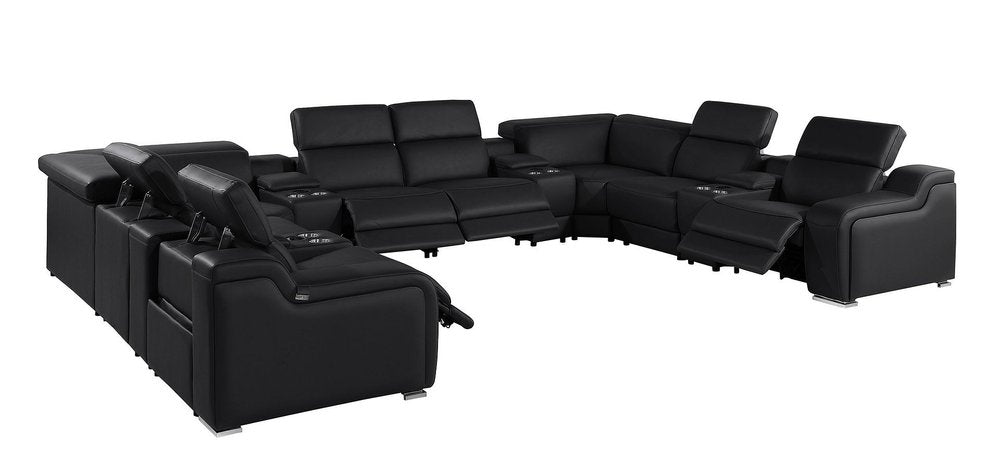 Black Italian Leather Power Reclining U Shaped Twelve Piece Corner Sectional With Console on a white background