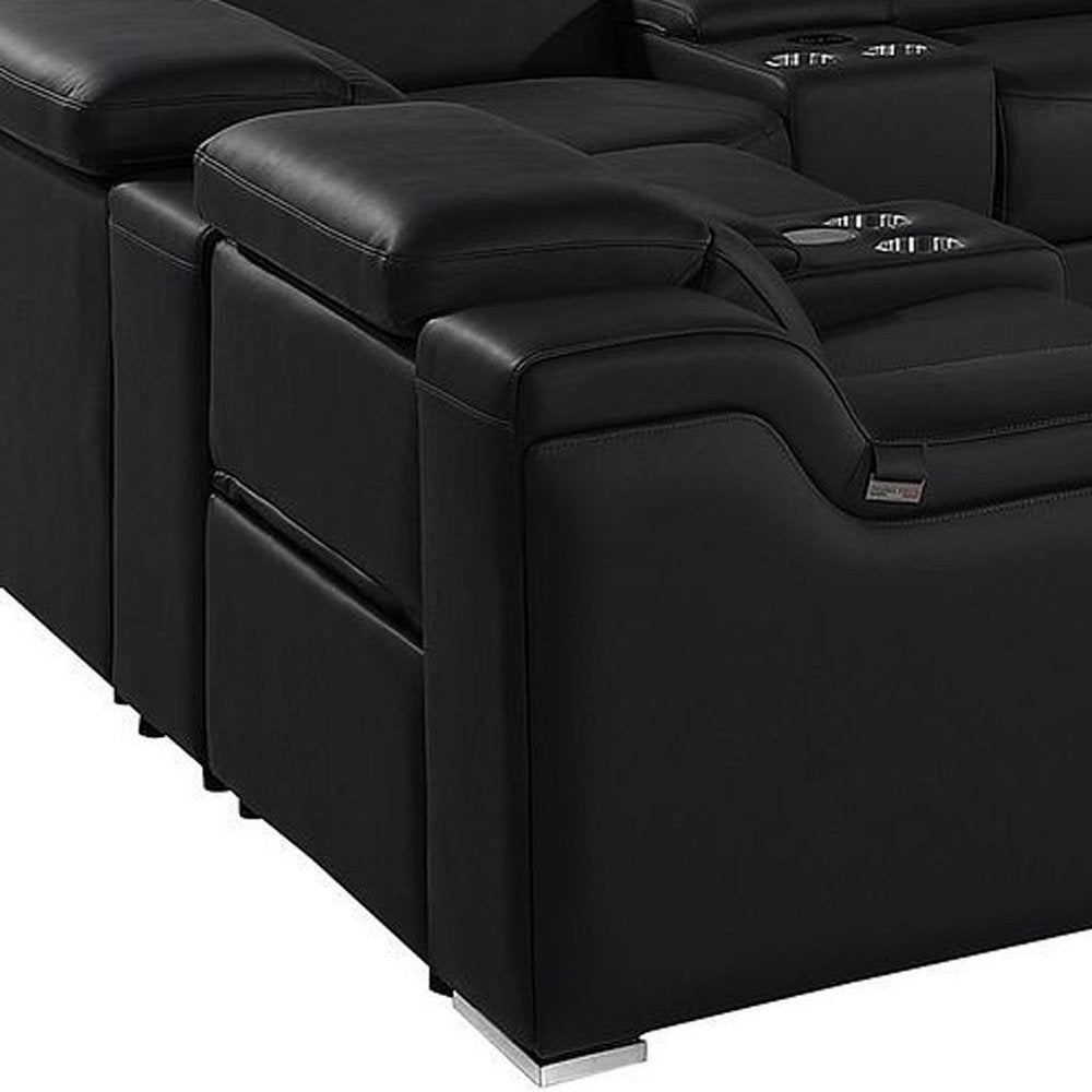 Black Italian Leather Power Reclining U Shaped Twelve Piece Corner Sectional With Console