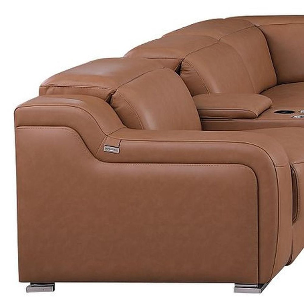 Chestnut Italian Leather Power Reclining U Shaped Twelve Piece Corner Sectional With Console