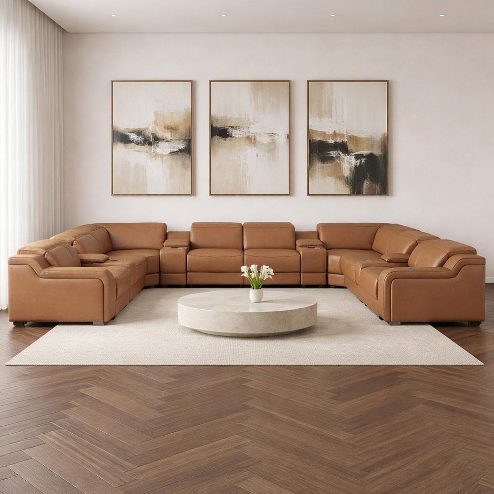 Chestnut Italian Leather Power Reclining U Shaped Twelve Piece Corner Sectional With Console in a home interior
